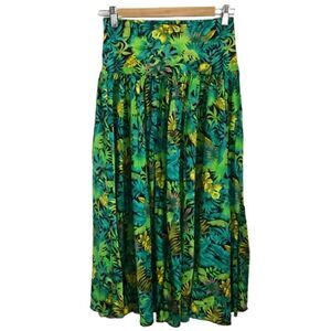 Vintage SLIX English Tropical Green Leaves Stretchy Midi Skirt Size Medium